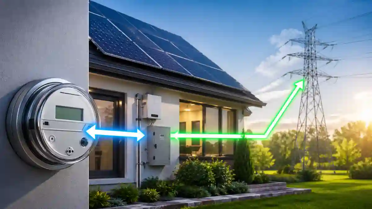 Reverse metering diagram showing rooftop solar panels sending surplus electricity back to the utility grid through a bidirectional smart meter with two-way energy flow arrows