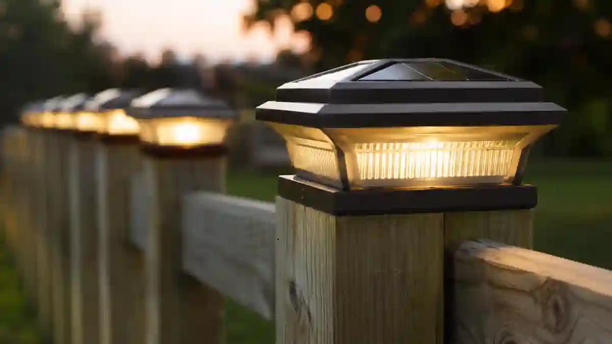 Realistic solar fence post lights installed on wooden fence posts at sunset with warm LED illumination for outdoor residential lighting.