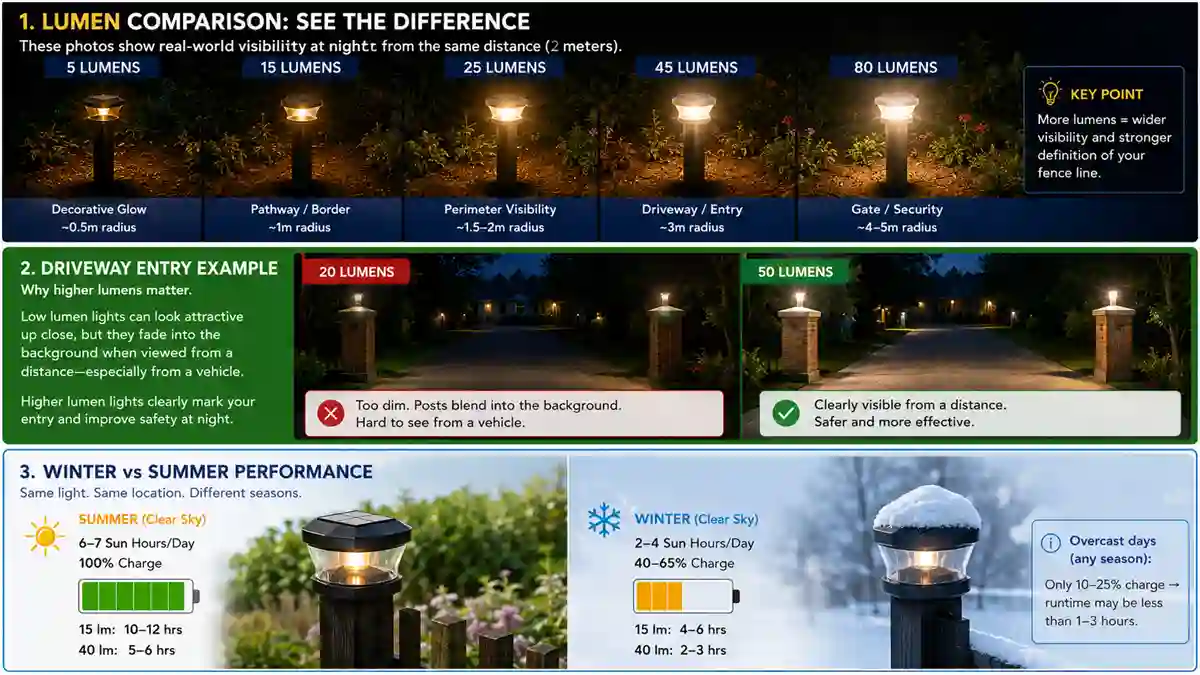 Comparison infographic for solar fence post lights lumens showing visibility levels from 5 to 80 lumens, driveway entry safety comparison, and seasonal winter vs summer battery performance.