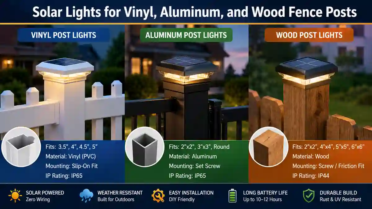 Solar lights for vinyl, aluminum, and wood fence posts showing compatible post cap lights for PVC, metal, and wooden fencing systems in a residential outdoor installation.