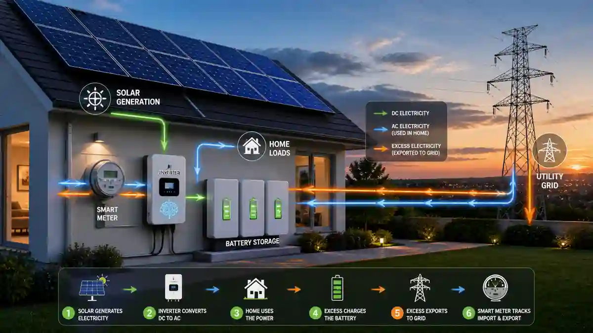 A technical engineering infographic illustrating the complete solar net metering process. It shows the flow of DC/AC electricity from solar panels through an inverter and battery storage to a bidirectional smart meter, which tracks both energy imports and exports to the utility grid.