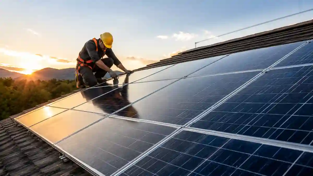 when is the best time to install solar panels technician installing rooftop solar system at sunset