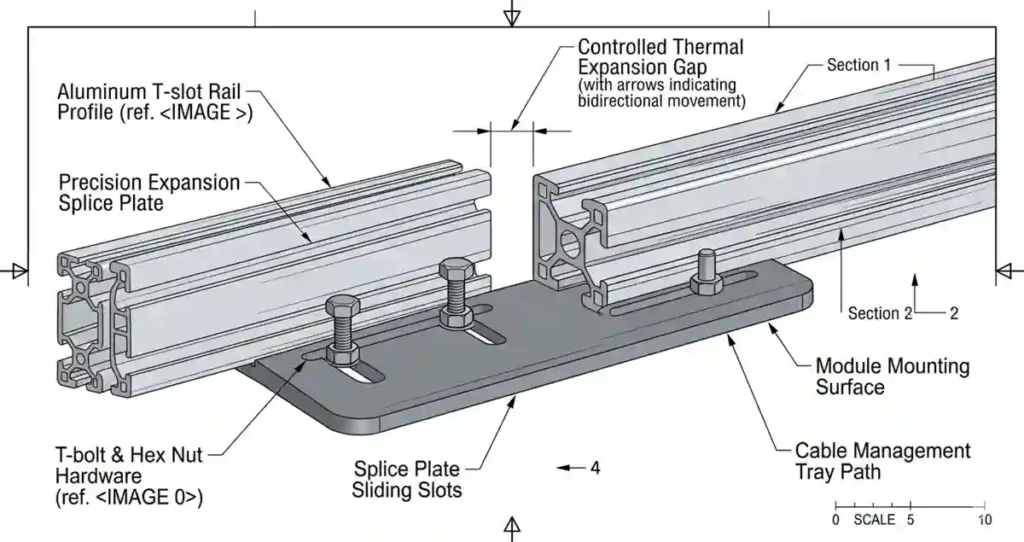 Technical engineering drawing detailing a controlled thermal expansion gap between two aluminum T-slot rail profiles using a sliding splice plate.
