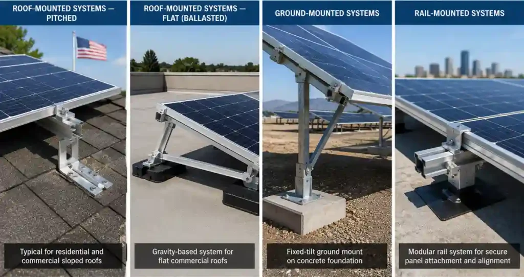 Four types of solar mounting systems including pitched roof rail systems, flat roof ballasted networks, and fixed-tilt ground mounts