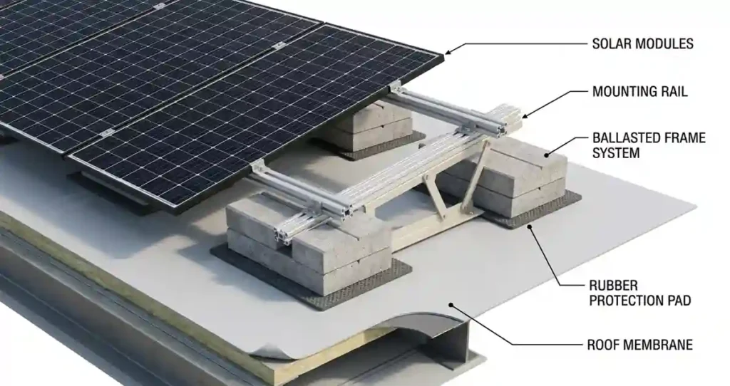 Ballasted flat roof solar mounting system showing solar modules, mounting rail, ballasted frame, rubber protection pad, and roof membrane