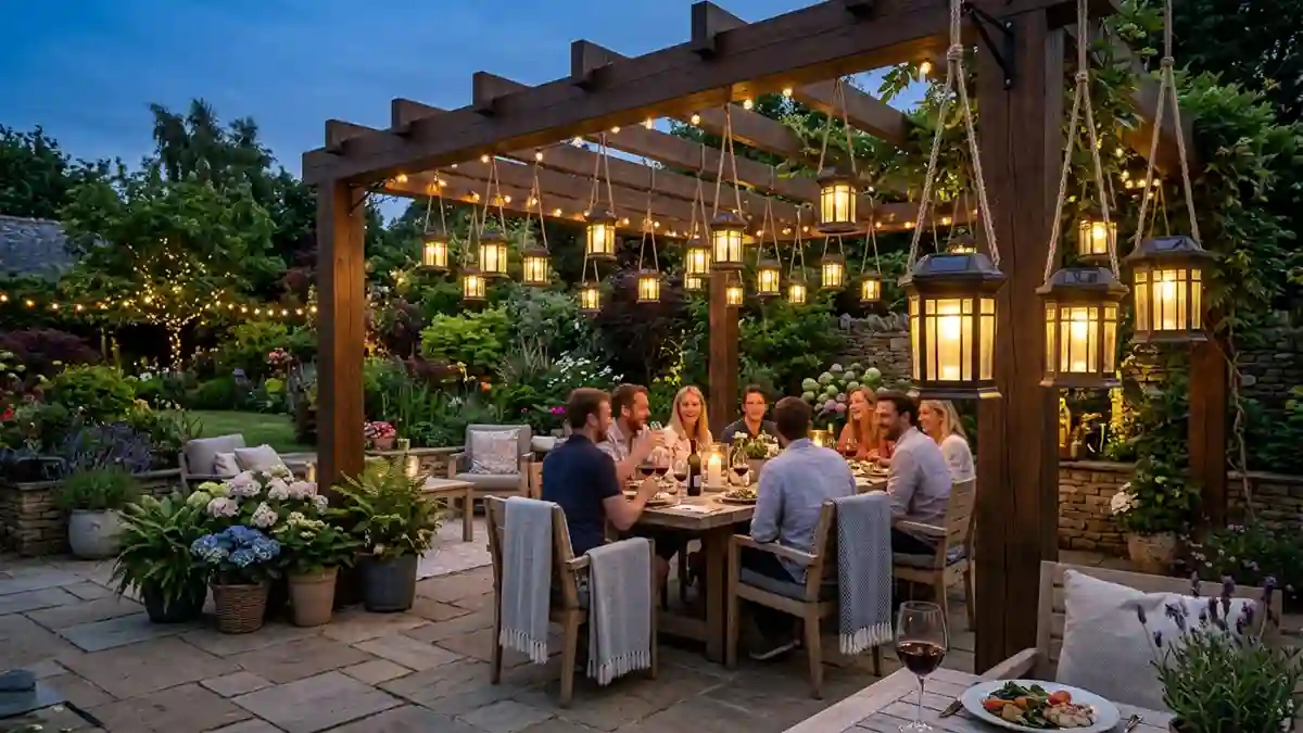 Hanging Solar Lanterns suspended from a wooden pergola providing warm ambient outdoor lighting