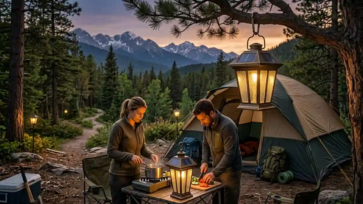 Solar Lanterns for Camping illuminating a forest campsite with visible solar panel and outdoor cooking area