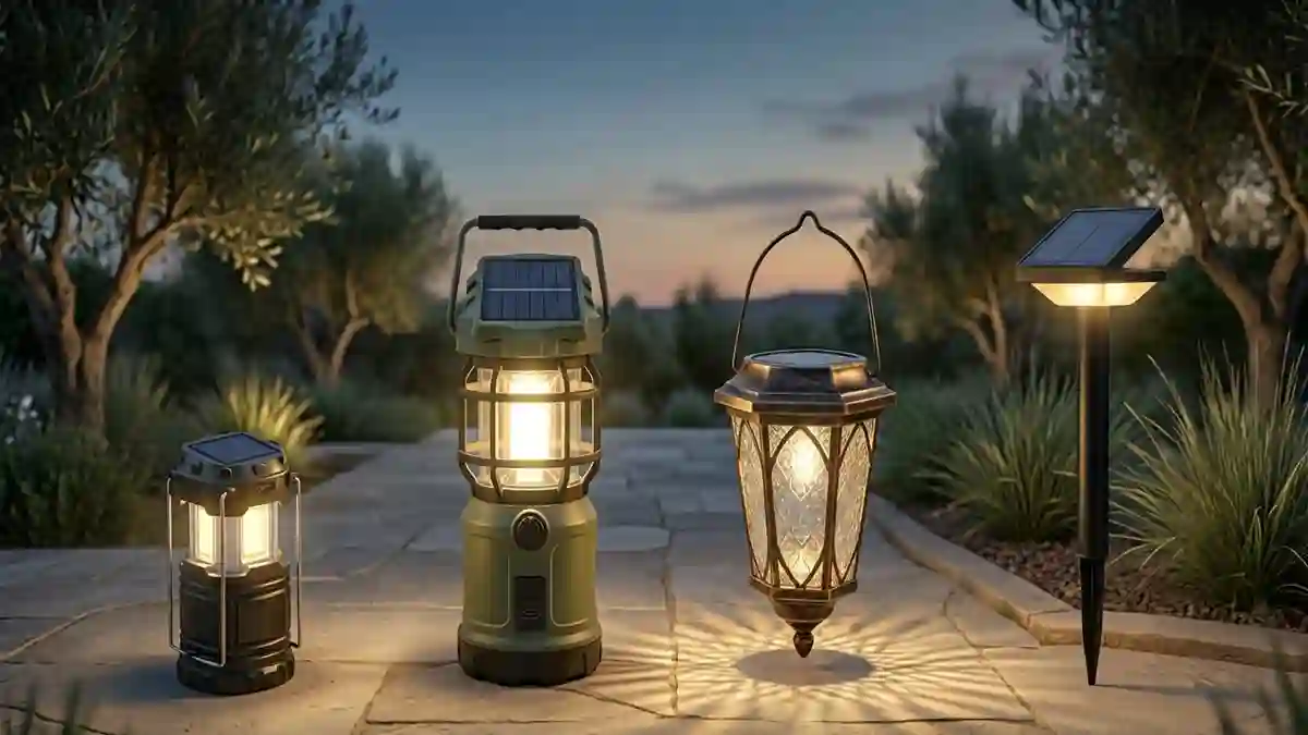 Different solar powered lanterns showing battery capacity, solar panel size and lighting performance