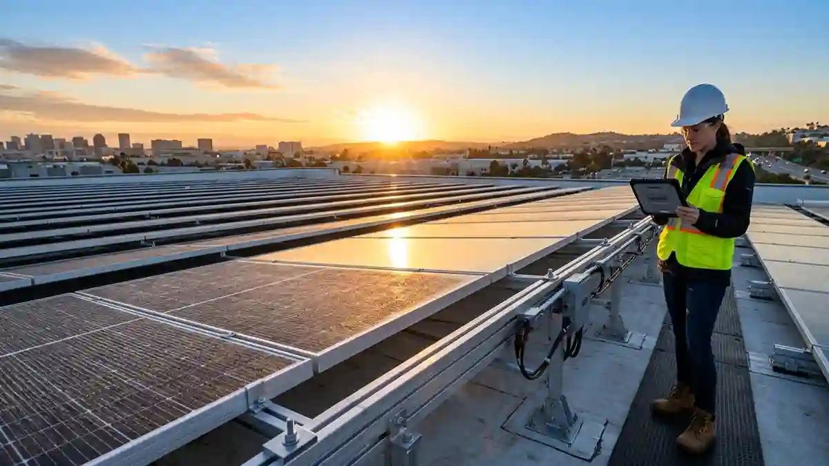 Commercial rooftop solar installation featuring precision aluminum Solar Mounting Systems and stainless steel hardware at sunrise