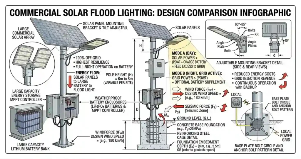 Comparison between standalone solar and grid-tie hybrid commercial solar flood lighting systems