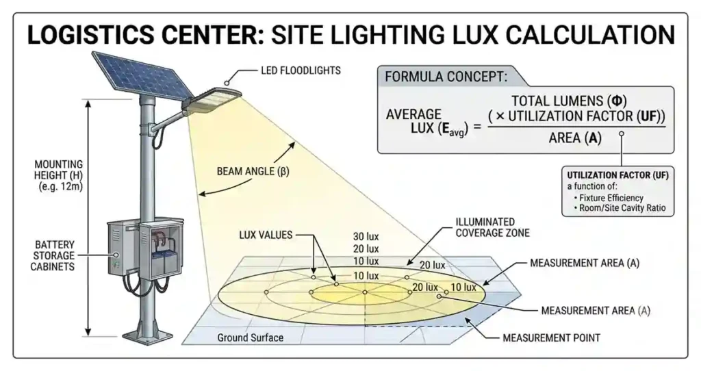 Lux calculation and illumination coverage design for commercial solar flood lights