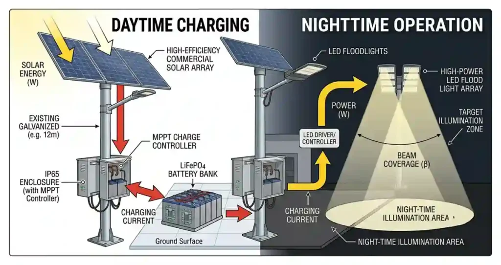 Solar panel array and LiFePO4 battery sizing for commercial solar flood lights
