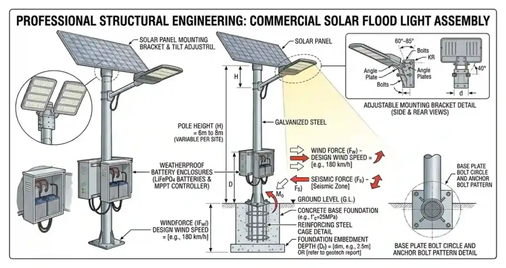 Structural pole mounting design for commercial solar flood lights including wind load considerations