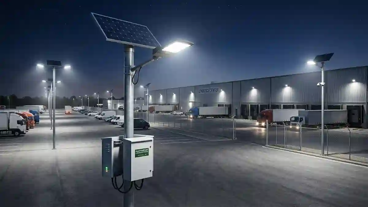 Commercial solar flood lights illuminating a parking lot with solar panel array and battery system