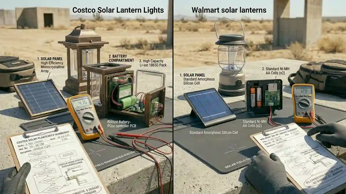 Costco Solar Lantern Lights vs Walmart comparison showing differences in battery capacity, solar panels, and outdoor lantern construction