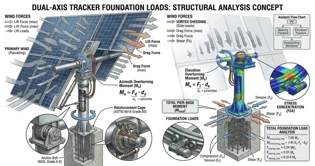 Foundation loading and overturning moment analysis for dual axis solar tracker systems