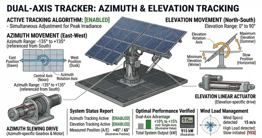 Dual axis solar tracker showing east-west azimuth rotation and north-south elevation adjustment