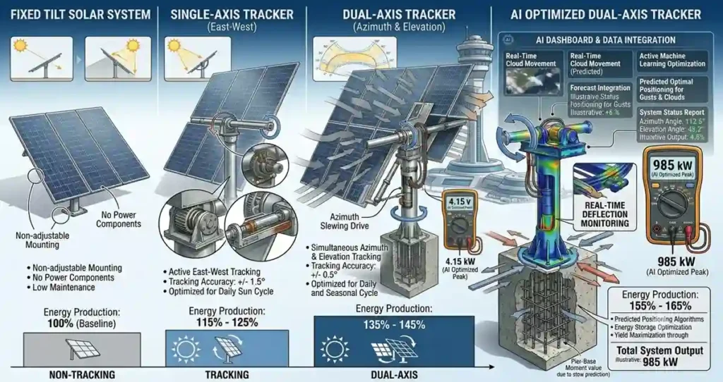 Energy production comparison between fixed tilt single axis and dual axis solar tracker systems
