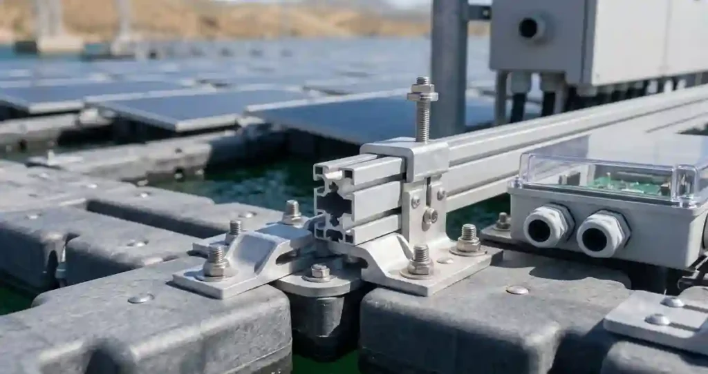 Floating solar mounting system components including floats connectors and solar panel supports