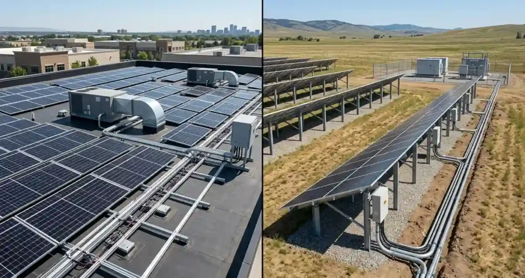 Compare ground mount vs roof mount solar systems showing a commercial rooftop solar installation alongside a ground-mounted solar array.
