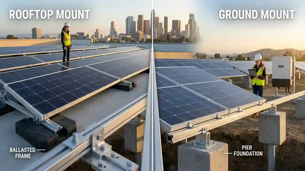 Ground Mount vs Roof Mount Solar: Side-by-side engineering comparison of a flat-roof ballasted solar mounting system and a ground-mounted pier foundation installation.