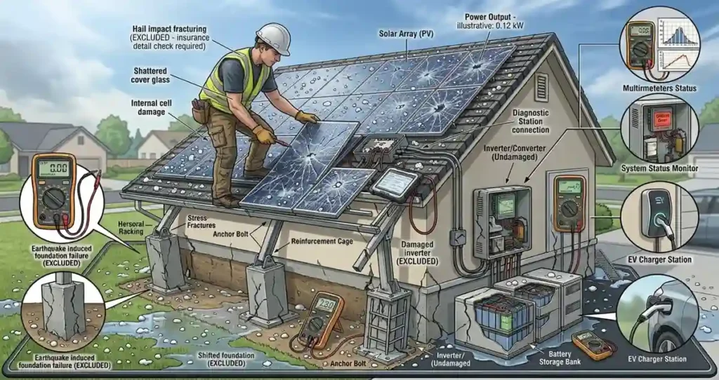 Solar panels damaged by a hail storm during insurance claim assessment
