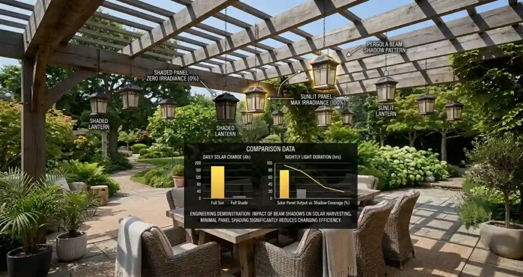 Hanging Solar Lanterns installed beneath a pergola showing solar panel shading caused by roof structure