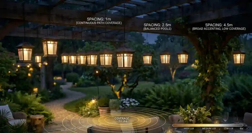 Hanging Solar Lanterns installed at different spacing distances across a pergola seating area