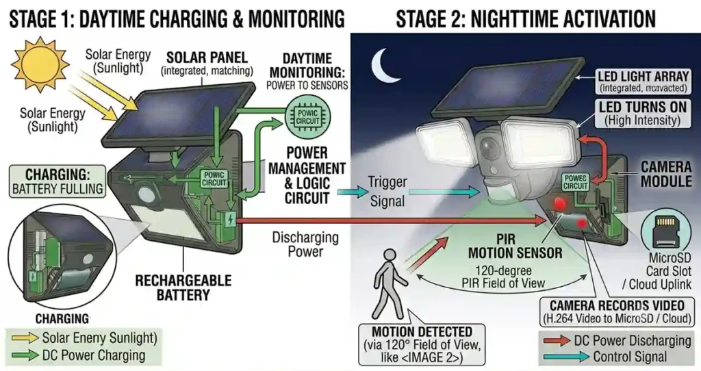 Working principle of solar security camera light with solar panel battery LED and camera system