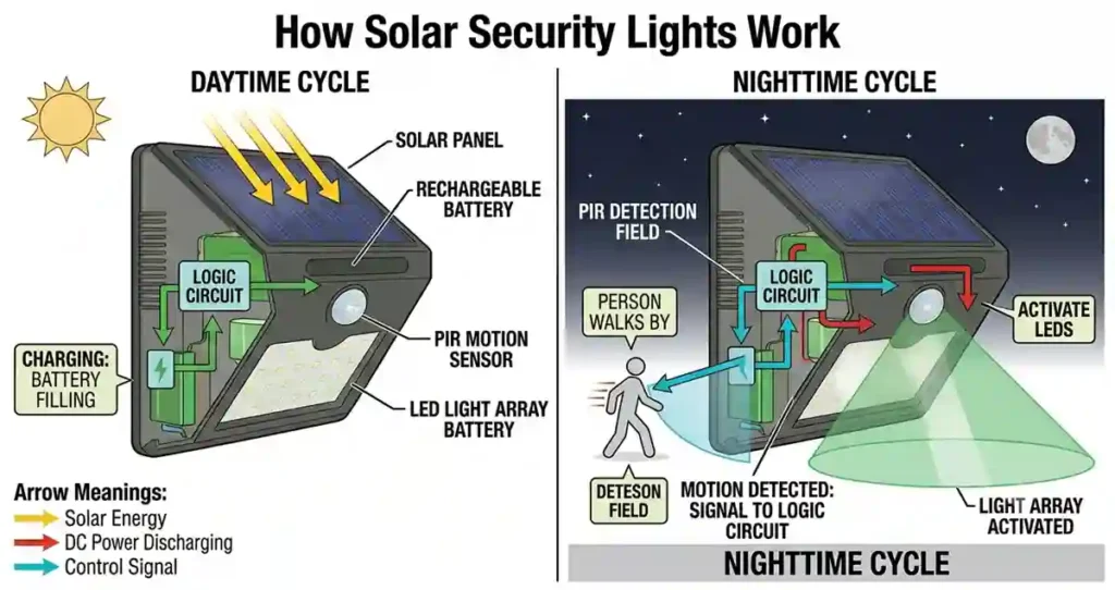 Diagram showing how a solar security light charges and activates through motion detection