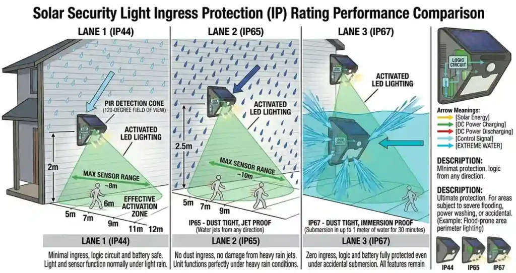 Comparison of IP44 IP65 and IP67 weather protection ratings for outdoor security lights