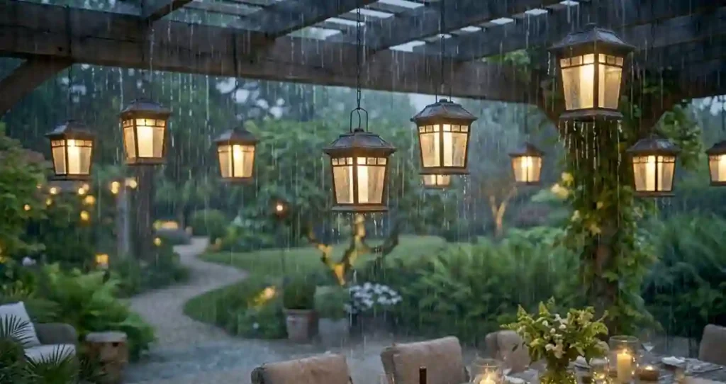 IP65 Hanging Solar Lanterns operating outdoors during rainfall with visible weather-resistant construction