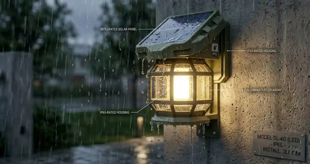 Outdoor Wall Solar Lantern with IP65 weather protection operating during heavy rainfall with visible solar panel and water-resistant housing