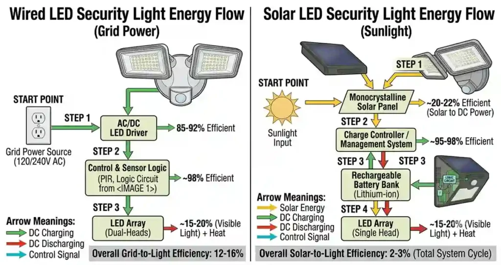 Energy flow comparison between wired LED and solar LED security lights