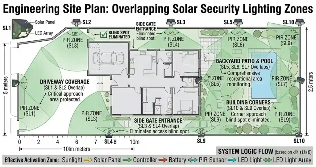 Overlapping PIR detection zones for LED solar security light perimeter coverage