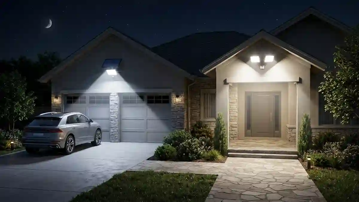 LED solar security lights compared with wired security lights on a residential property