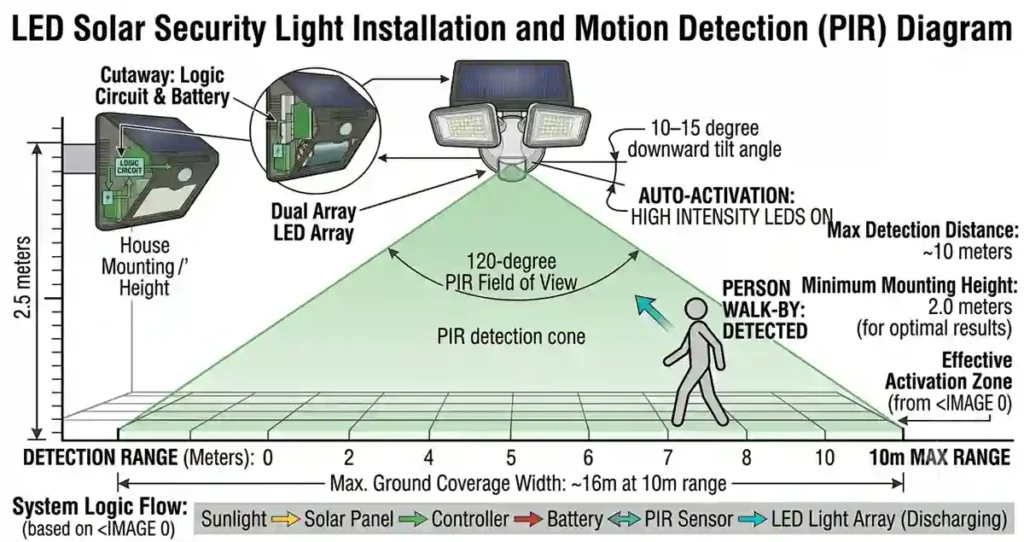 PIR motion detection zone and coverage area of LED solar security lights