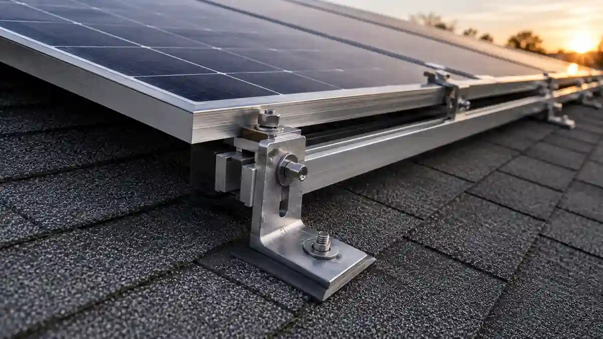 Mounting brackets for solar panels installed on a residential rooftop, showing aluminum rails, structural attachment hardware, and secure solar panel support designed for wind load resistance and long-term durability.