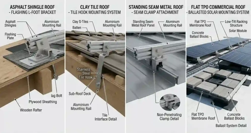 Mounting brackets for solar panels showing roof compatibility for asphalt shingle, tile, standing seam metal, and flat TPO roofs
