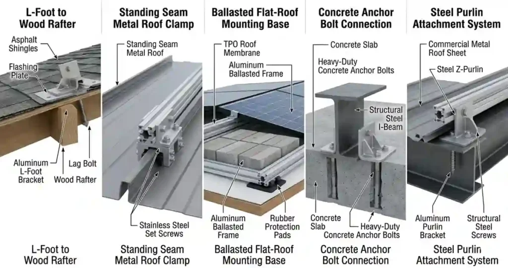 Mounting brackets for solar panels comparison showing L-foot bracket, seam clamp, ballasted base, concrete anchor bolt, and steel purlin attachment systems