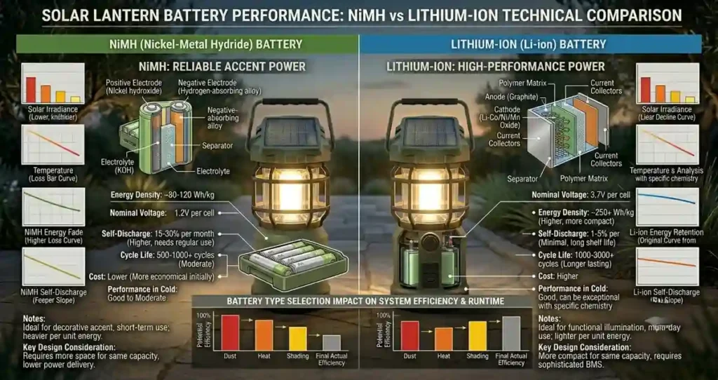 NiMH and lithium batteries commonly used in solar powered lanterns