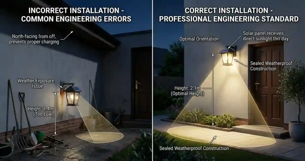 Correct and incorrect Outdoor Wall Solar Lanterns installation examples on residential walls