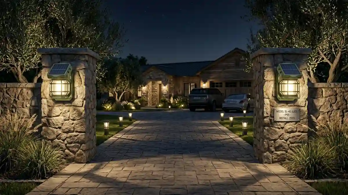 Outdoor Wall Solar Lanterns installed beside a residential entrance with integrated solar panels and warm white illumination