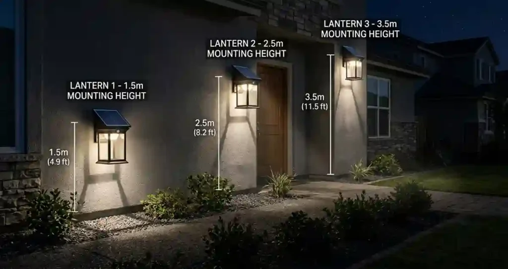 Outdoor Wall Solar Lanterns installed at different mounting heights showing variations in ground illumination
