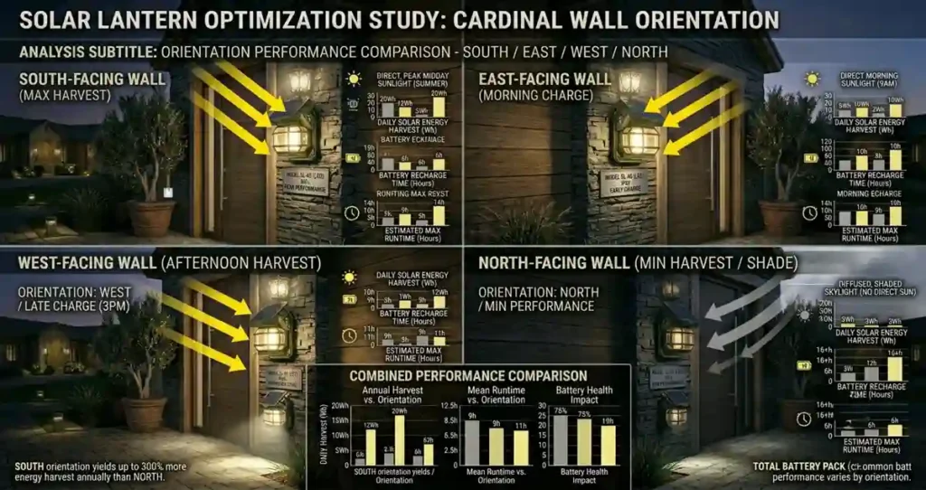Outdoor Wall Solar Lanterns installed on south-facing, east-facing, west-facing and north-facing walls