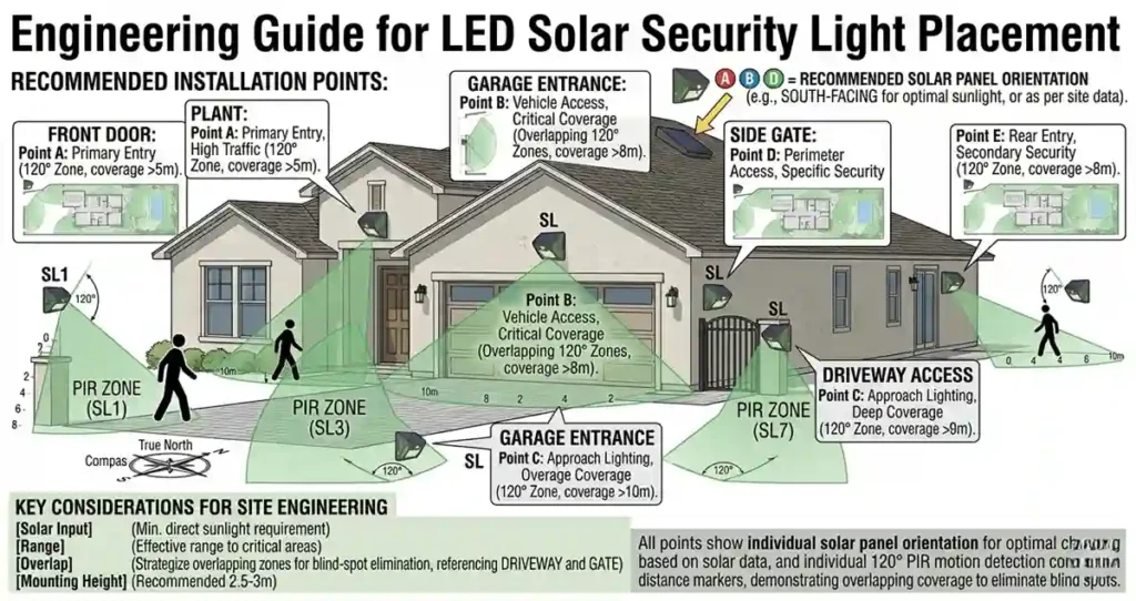 Recommended installation locations for LED solar security lights around a property