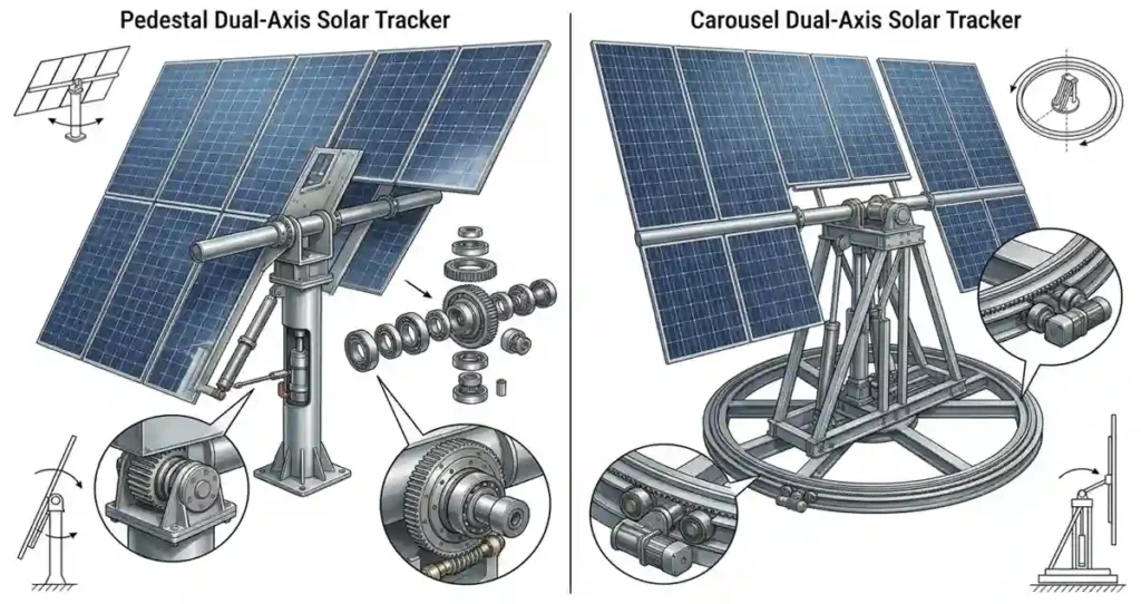 Comparison of pedestal and carousel dual axis solar tracker designs