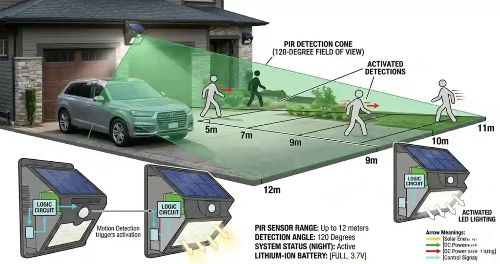 PIR motion sensor detection angle and coverage area for solar security lights