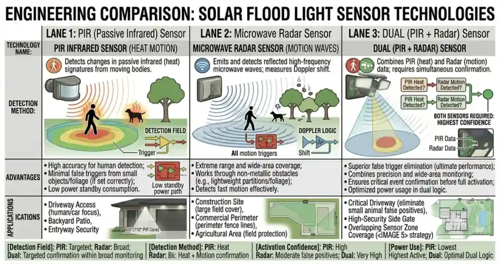 Comparison of PIR radar and dual motion sensors used in solar powered flood lights