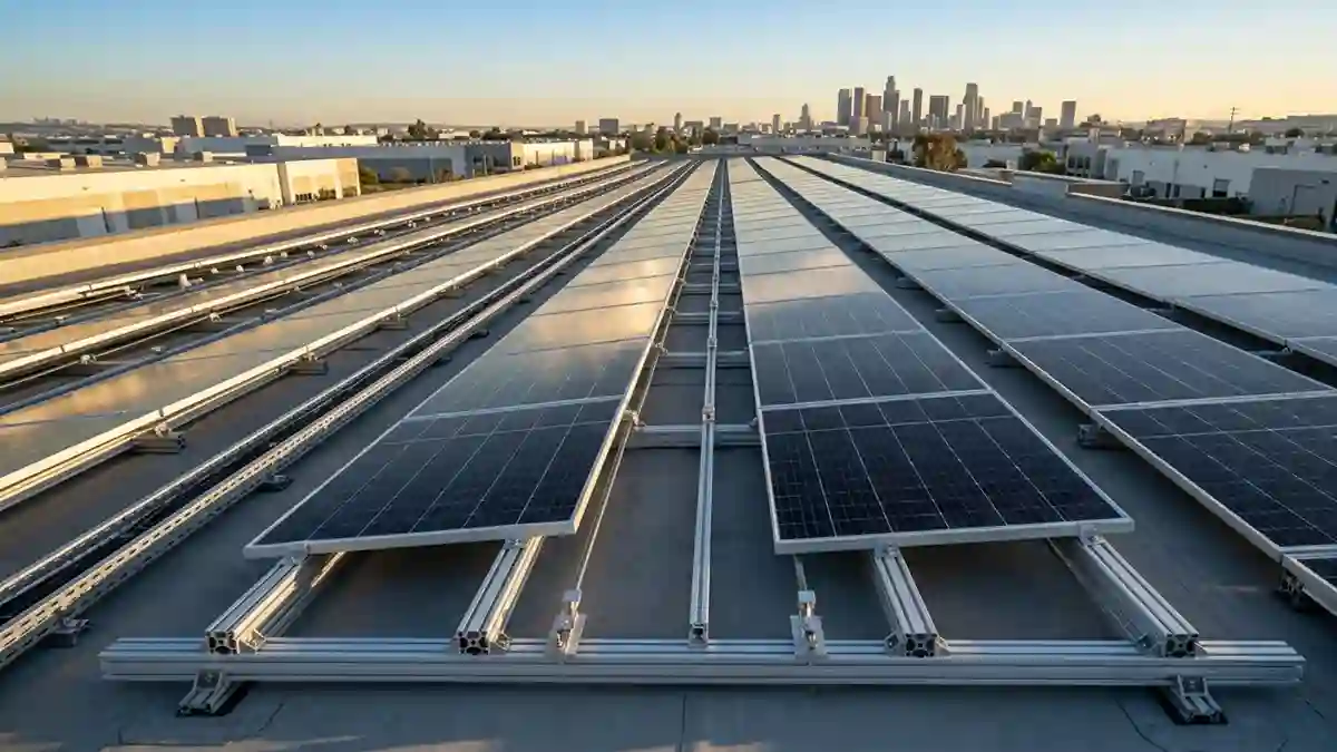 Rail Mounted Solar Panels installed on aluminum mounting rails on a commercial rooftop solar system